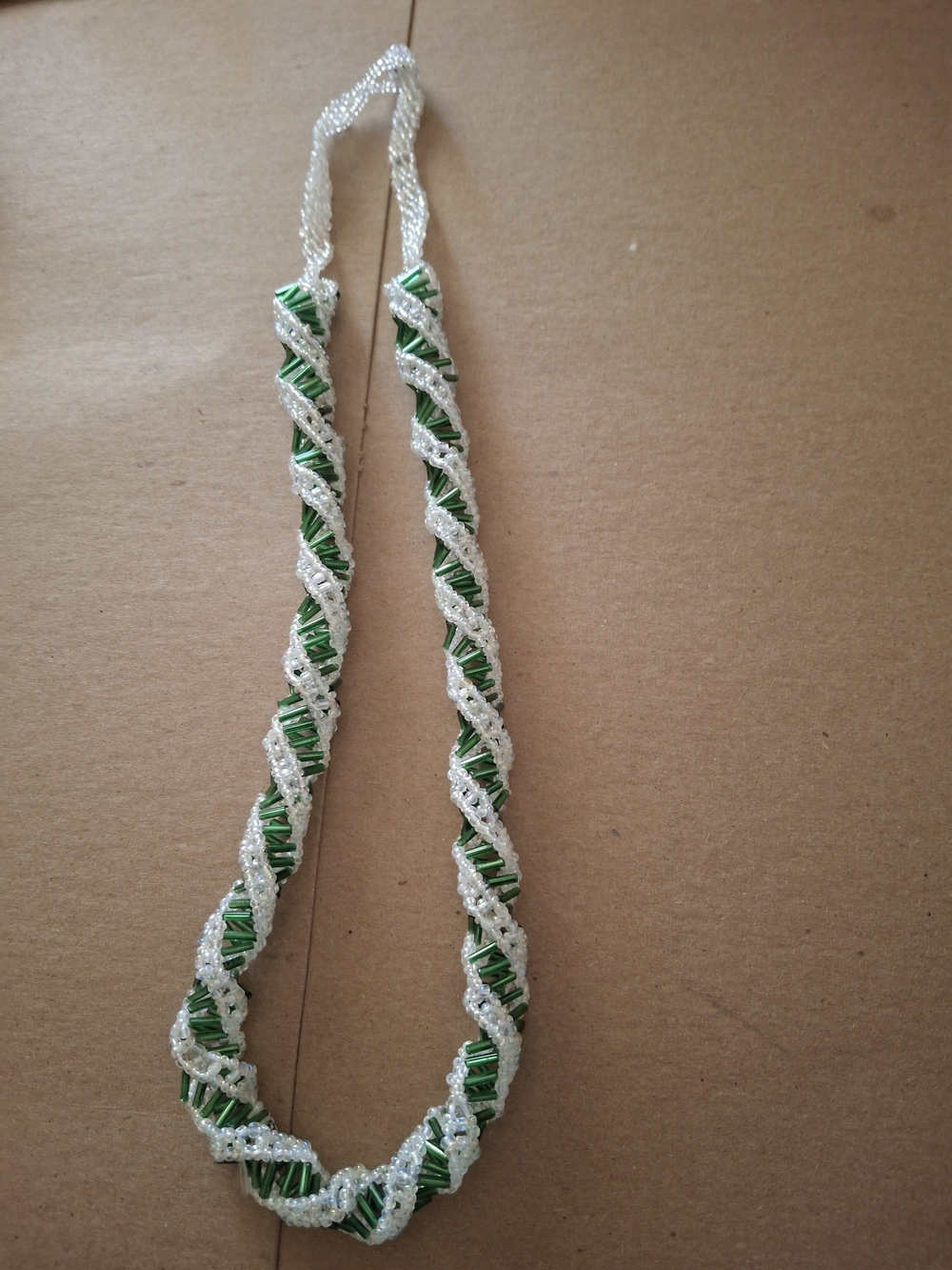 Boho Handmade Green and White Beaded Twist Necklace